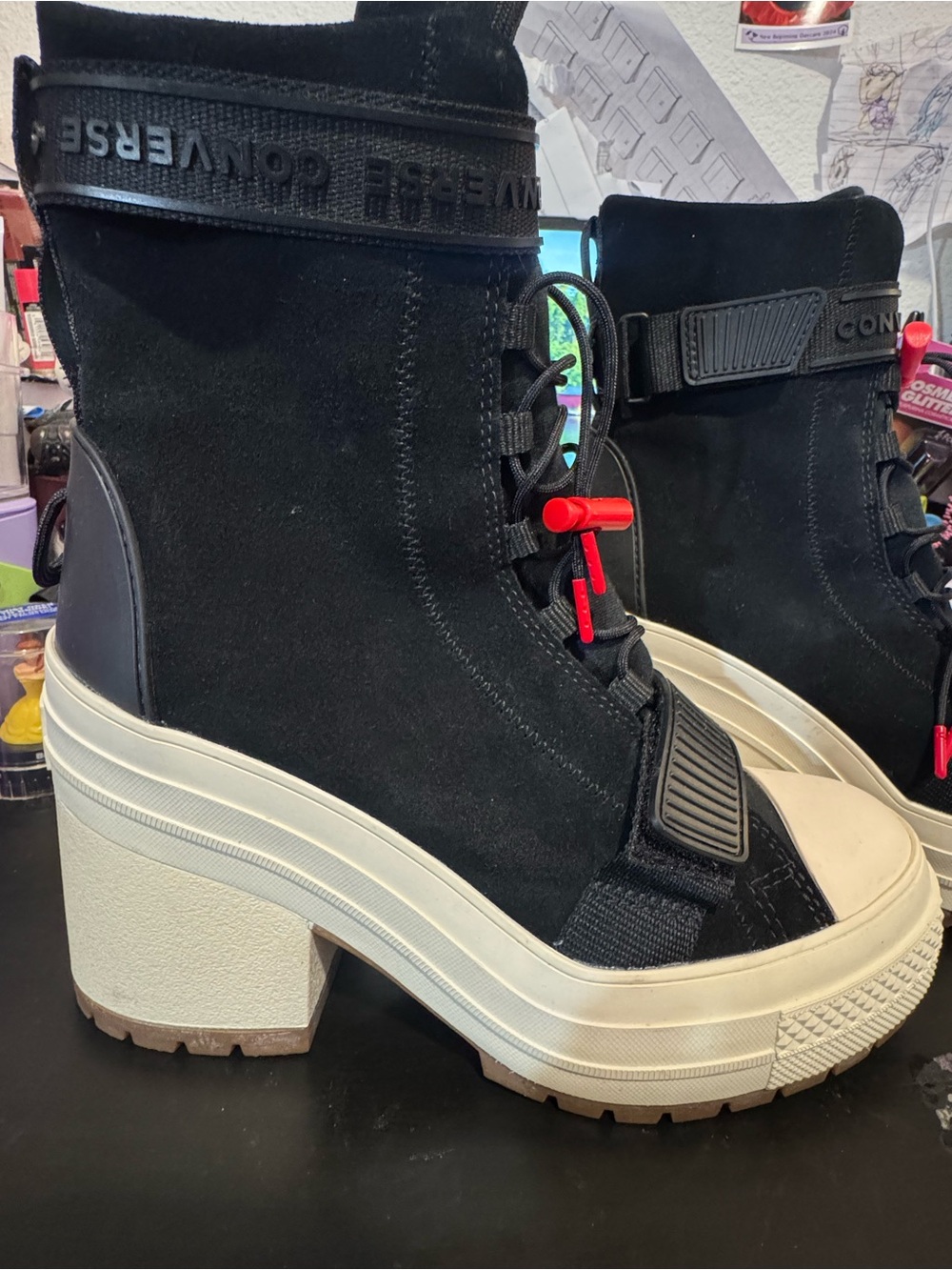 Converse Black Suede Platform Lace-Up Heeled Boots with Cream Sole